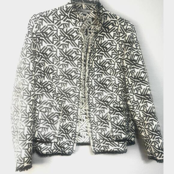 Valerie Stevens Blazer Jacket Women’s XL Black White Geometric Fringe Work Chic - Picture 2 of 9